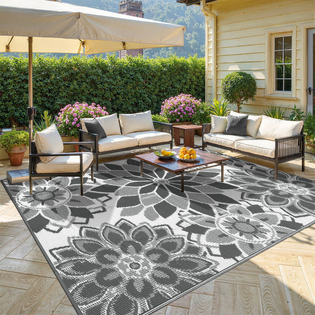 Outdoor Rug 8'X10' Reversible Waterproof Outdoor Patio Rug Mat Plastic Straw Rug Outdoor Area Rug Patio Camping Rug for RV Picnic Balcony Backyard Beach Outdoor Decor,Gray