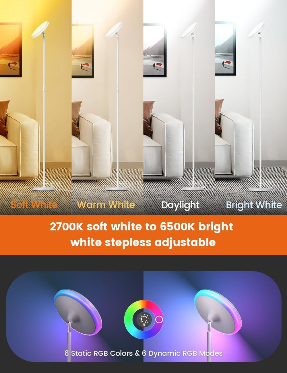 Floor Lamps for Living Room, 42W /3700LM Led Tall Standing Lamp with Remote & Touch Control, 5 Color Temperatures Modern Floor Lamp, Super Bright Smart Dimmable Floor Lamp for Bedroom Office White