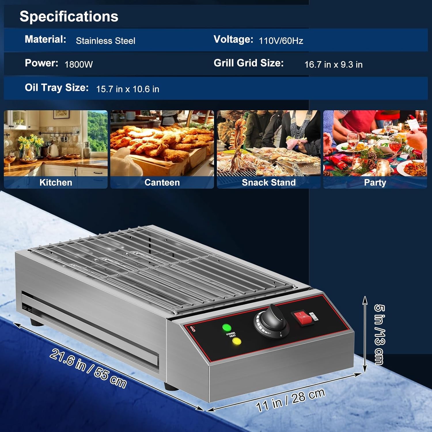 Electric Barbecue Grill, Smokeless Indoor Outdoor BBQ Grill, Portable Countertop Grill with Adjustable Temperature 122°F-572°F, Stainless Steel, 1800W, for Home Restaurant Party Camping