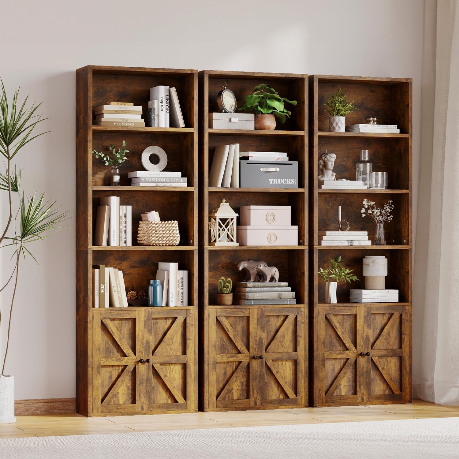 71.5" Bookshelf Set of 2, 6-Tier Bookcase with Cabinet Doors, Tall Display Shelves with Storage for Home Office, Living Room