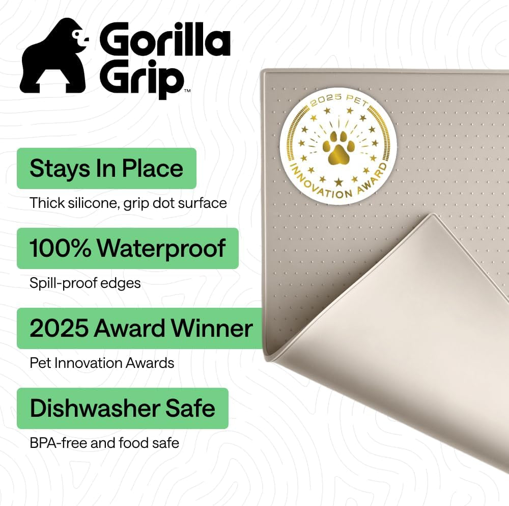 GORILLA GRIP 100% Waterproof Raised Edge BPA Free Silicone Pet Feeding Mat, Dog Cat Food Mats Contain Spills Protects Floors, Placemats for Cats and Dogs Water Bowl, Pets Accessories 18.5X11.5 Beige