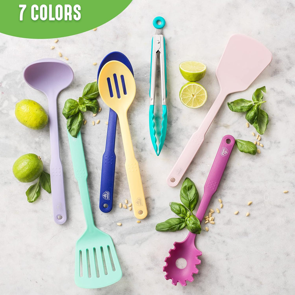Cooking Tools and Utensils, 7 Piece Nylon Set Including Spatulas Turner Spoons and Tongs, Dishwasher Safe, Bright Pink