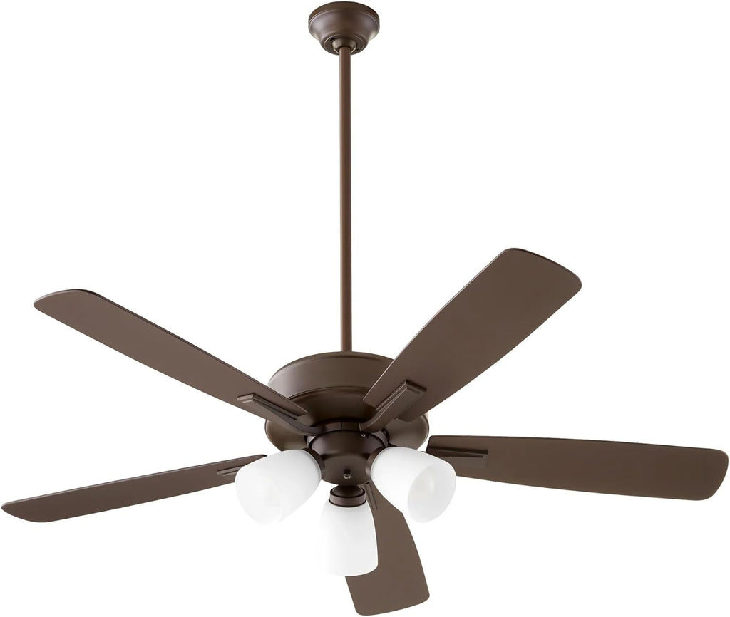Quorum Ovation Ceiling Fan Collection | Pull Chain Control Standard | Optional Remote/Smart Control Compatible | Dry Rated Indoor (Oiled Bronze – Opal Glass, 3 Light)