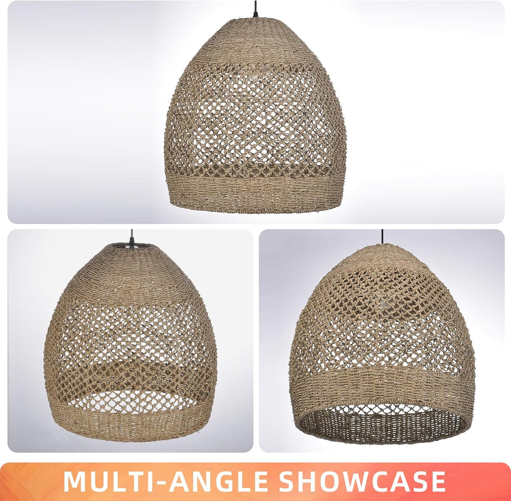 19.6" Retro Rattan Woven Pendant Light Fixture, Chandelier with Lamp Shade Light Cover, Hanging Lighting for Kitchen Dining Room Foyer