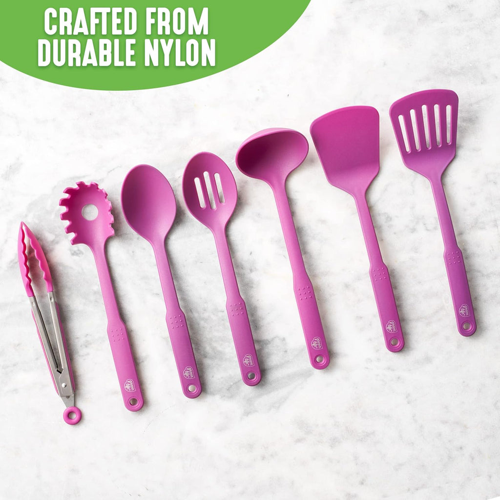 Cooking Tools and Utensils, 7 Piece Nylon Set Including Spatulas Turner Spoons and Tongs, Dishwasher Safe, Bright Pink