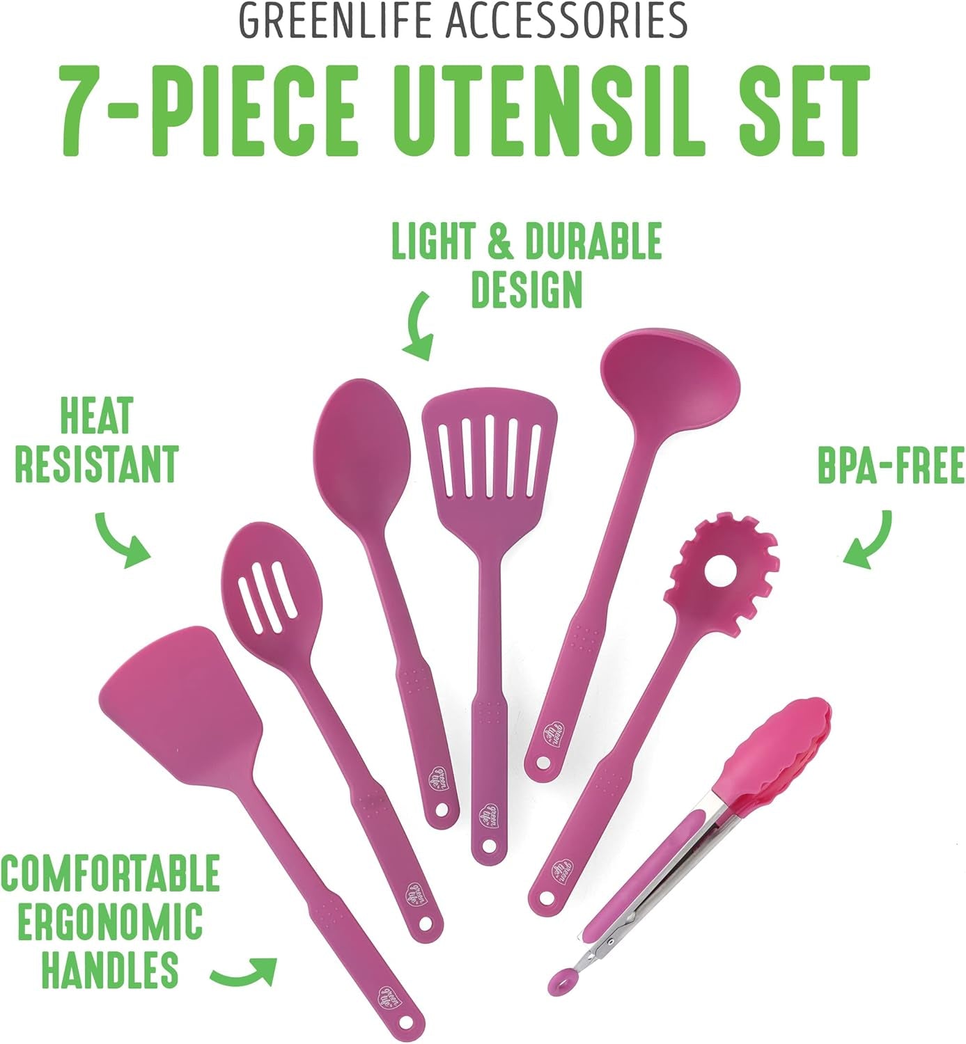 Cooking Tools and Utensils, 7 Piece Nylon Set Including Spatulas Turner Spoons and Tongs, Dishwasher Safe, Bright Pink
