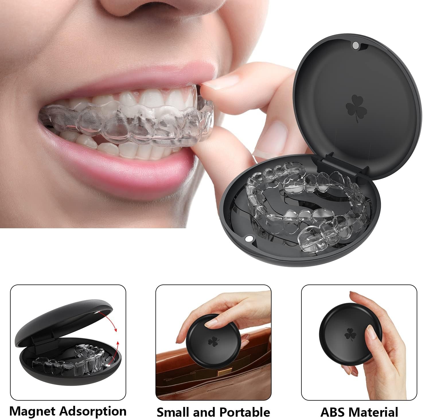 2-Pack Ultra-Thin round Aligner & Retainer Case with Magnetic Closure – Slim Portable Travel Container for Braces, Mouth Guard, Night Guard, Bpa-Free Anti-Slip Water Ripple Design (Black)