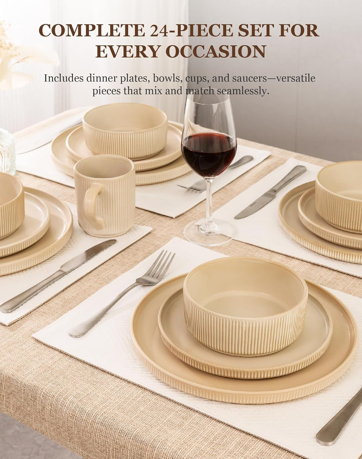 24-Piece Dinnerware Set for 6 with Mugs, Ribbed Stoneware Plates and Bowls Sets, Unique Handcrafted Reactive Glaze, Chip and Scratch Resistant Dish Set, Microwave & Dishwasher Safe, Yellow