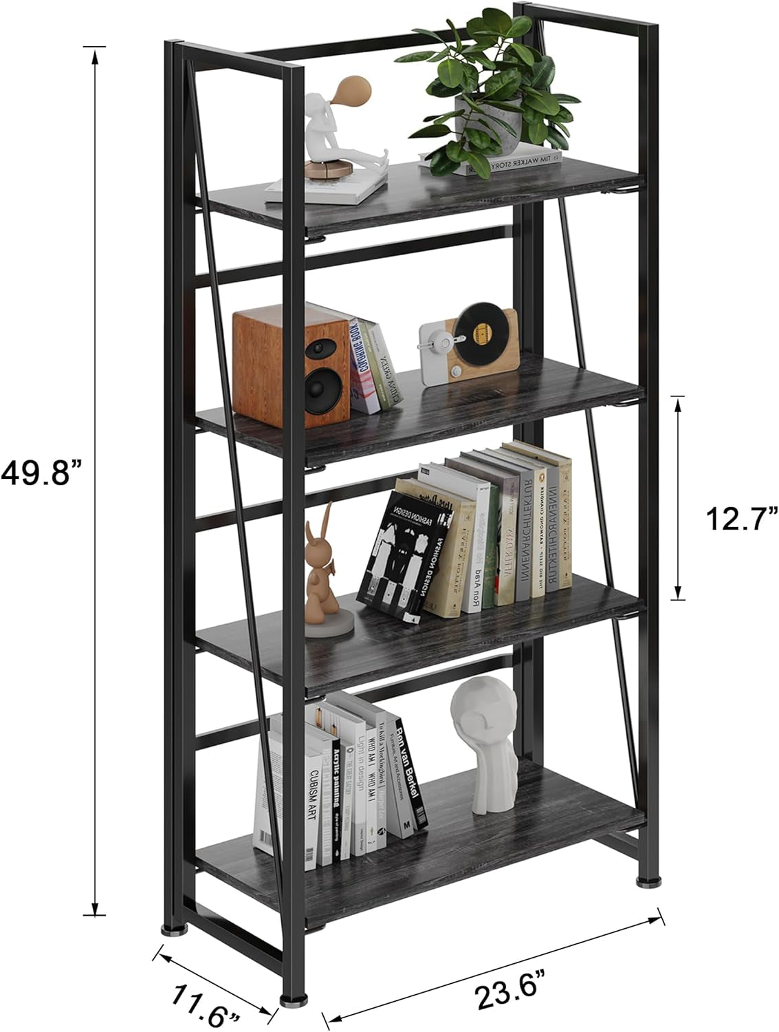 Vintage Multifunctional Folding Bookshelf, No-Assembly Plant Stand Storage Rack Shelves for Home Office (Gray, 4-Tier)