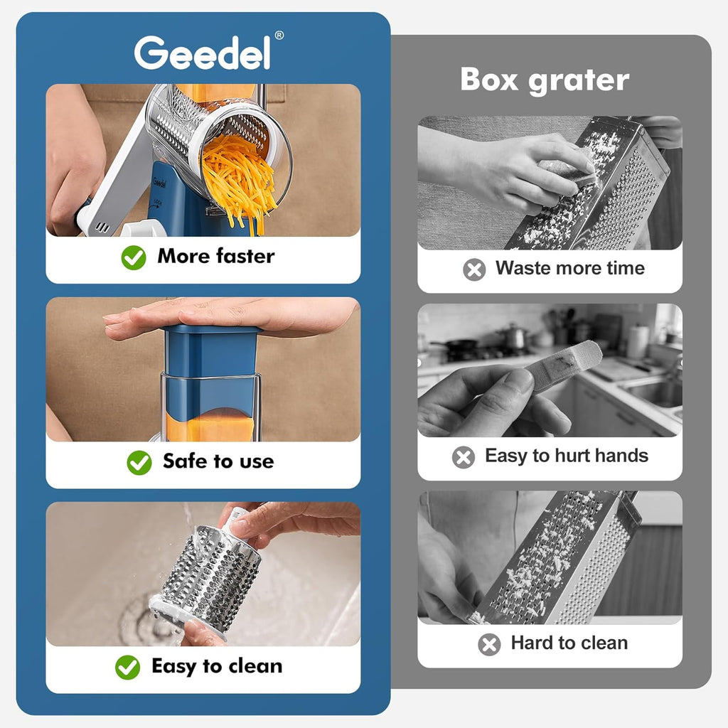 Rotary Cheese Grater, Kitchen Mandoline Vegetable Slicer with 3 Interchangeable Blades, Easy to Clean Rotary Grater Slicer for Cheese, Vegetables, Nuts