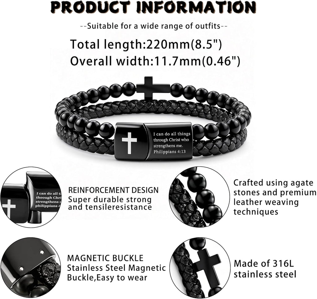 Mens Bracelet Fathers Gifts Day Black Braided Leather Stainless Steel Cross Jewelry Charming Bracelet Embedded with Black Agate Beads,Perfect for Wedding, Parties, and Everyday,Bible Verse Christian Religious Gift(7.5/8.5/9 Inch)