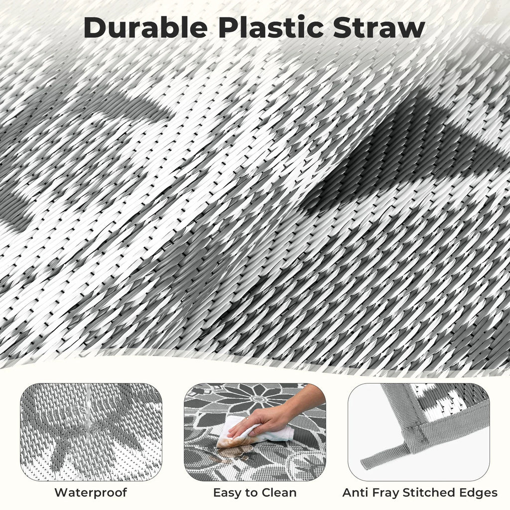 Outdoor Rug 8'X10' Reversible Waterproof Outdoor Patio Rug Mat Plastic Straw Rug Outdoor Area Rug Patio Camping Rug for RV Picnic Balcony Backyard Beach Outdoor Decor,Gray
