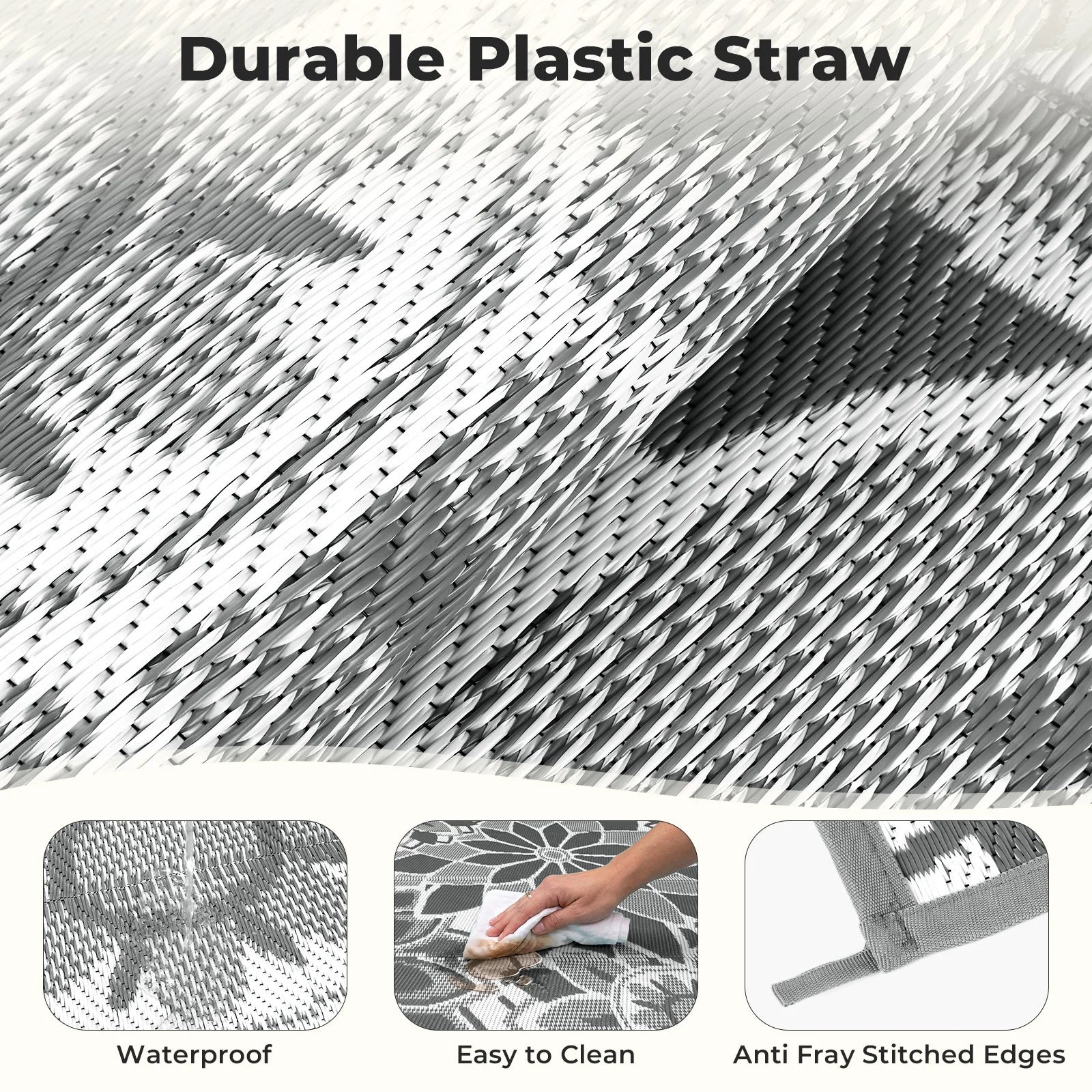 Outdoor Rug 8'X10' Reversible Waterproof Outdoor Patio Rug Mat Plastic Straw Rug Outdoor Area Rug Patio Camping Rug for RV Picnic Balcony Backyard Beach Outdoor Decor,Gray