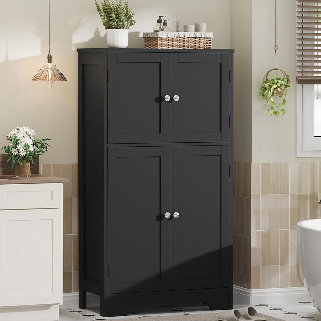 Storage Cabinet, Rattan Cabinets with 2 Adjustable Shelves & 4 Doors, Bathroom Cabinet, Cupboard, Floor Cabinets for Living Room, Entryway, Kitchen, Home Office, Black