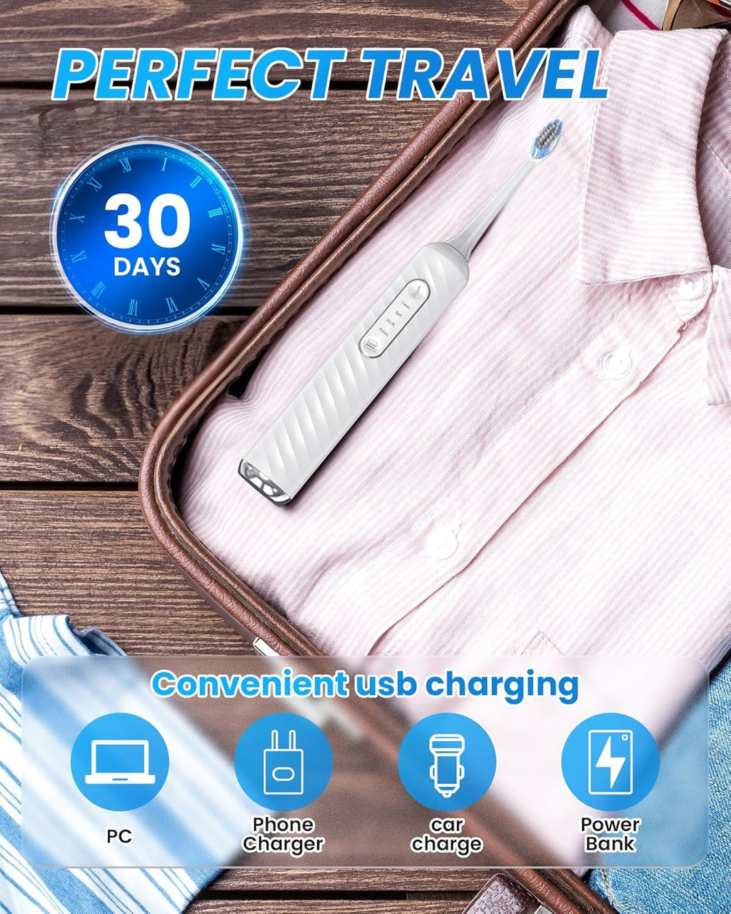 Electric Toothbrush with Water Flosser, 3 in 1 Teeth Cleaning Kit with 7 Modes, Electric Toothbrush and Flosser Combofor Adults, Water Flosser Portable for Travel and Home (White)