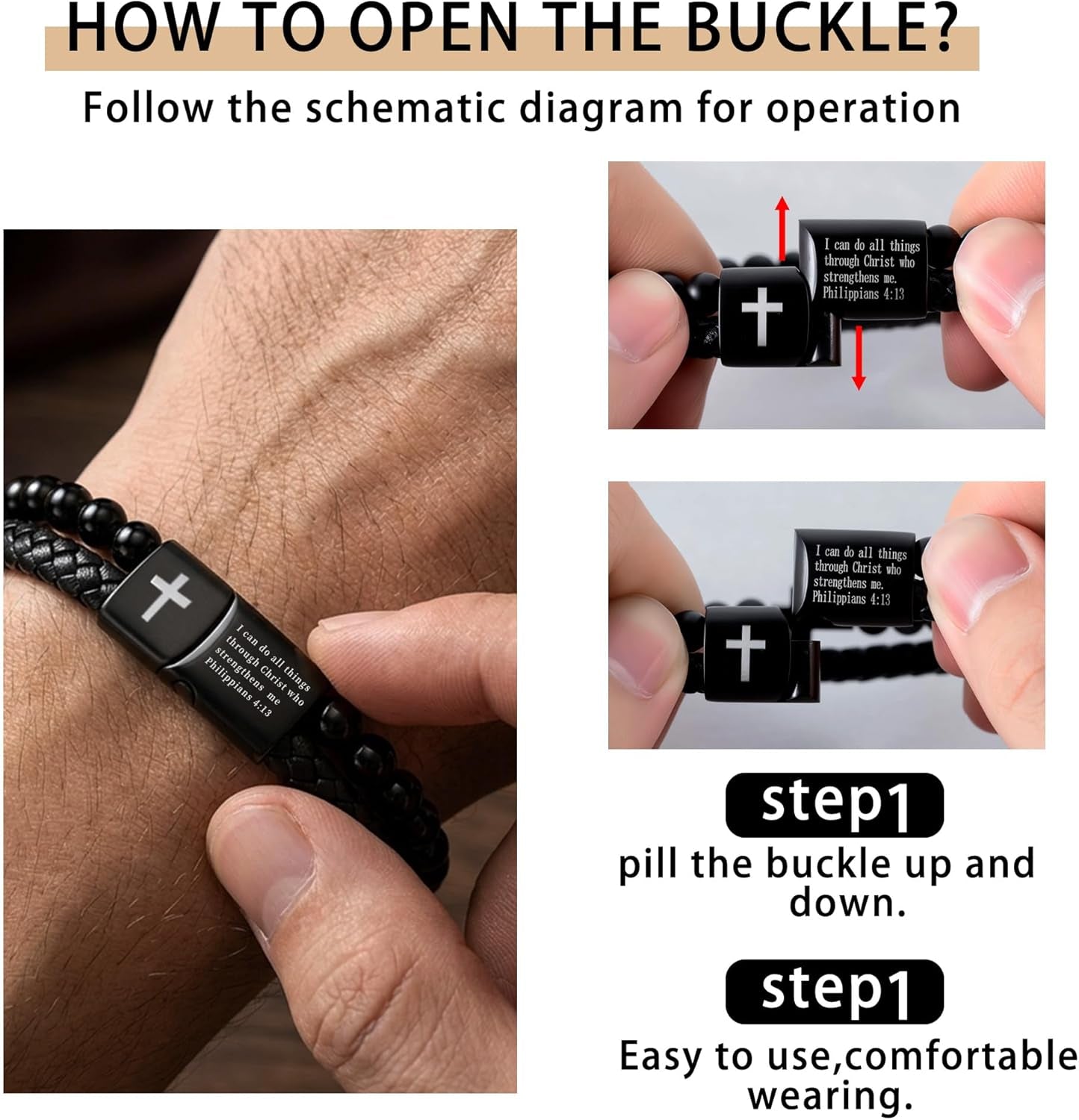Mens Bracelet Fathers Gifts Day Black Braided Leather Stainless Steel Cross Jewelry Charming Bracelet Embedded with Black Agate Beads,Perfect for Wedding, Parties, and Everyday,Bible Verse Christian Religious Gift(7.5/8.5/9 Inch)