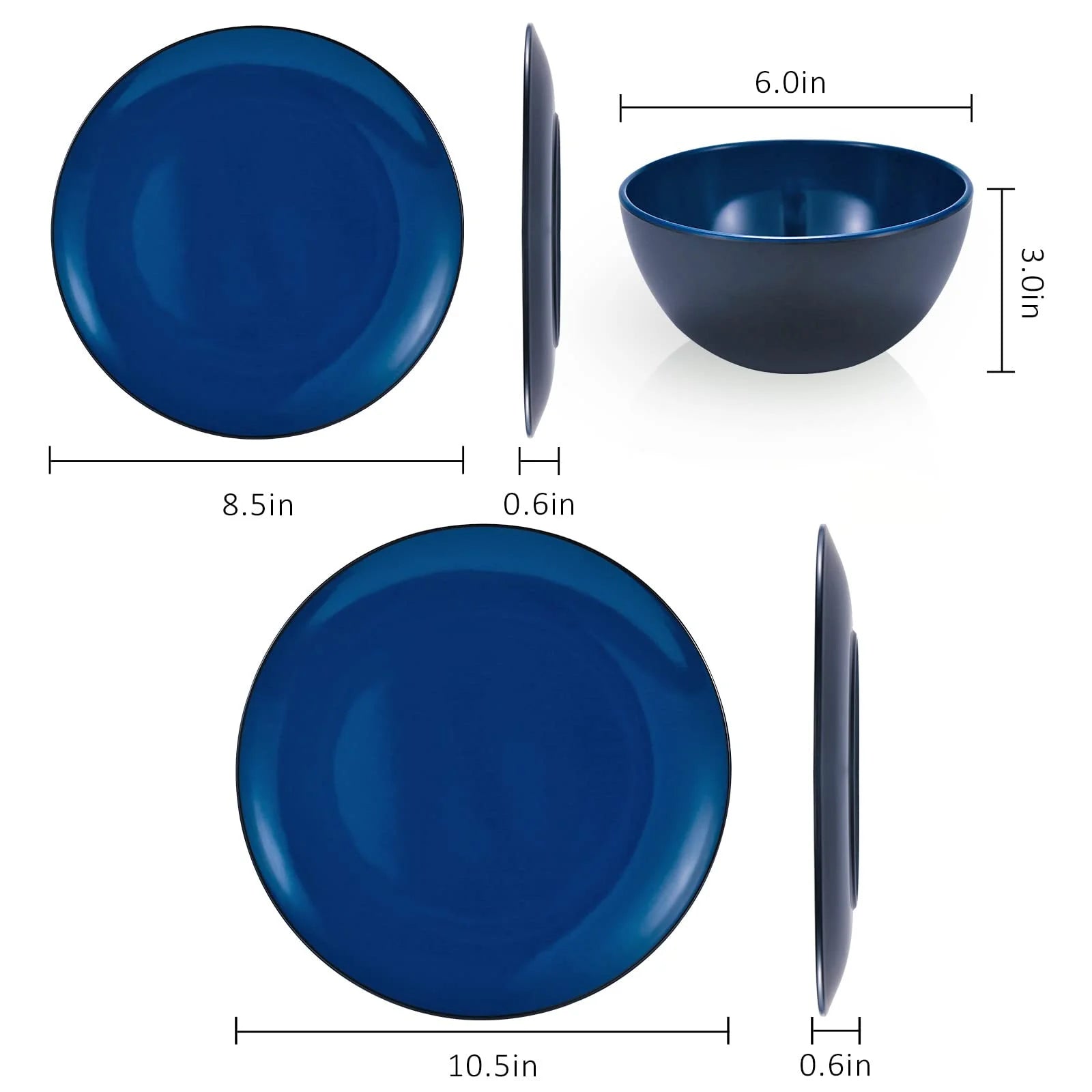 18-Piece Dinnerware Set, Melamine Dinner Dishes Set with Bowls and Plates，Service for 6, Dishwasher Safe, Blue and Black