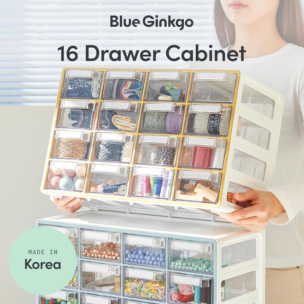 Medium 16-Drawer Cabinet – Stackable Clear Organizer for Hardware, Beads, Plastic Bricks, Office, and Craft Storage (Made in Korea, Blue)
