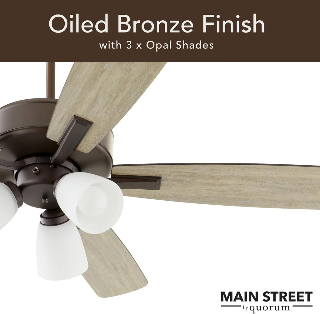 Quorum Ovation Ceiling Fan Collection | Pull Chain Control Standard | Optional Remote/Smart Control Compatible | Dry Rated Indoor (Oiled Bronze – Opal Glass, 3 Light)