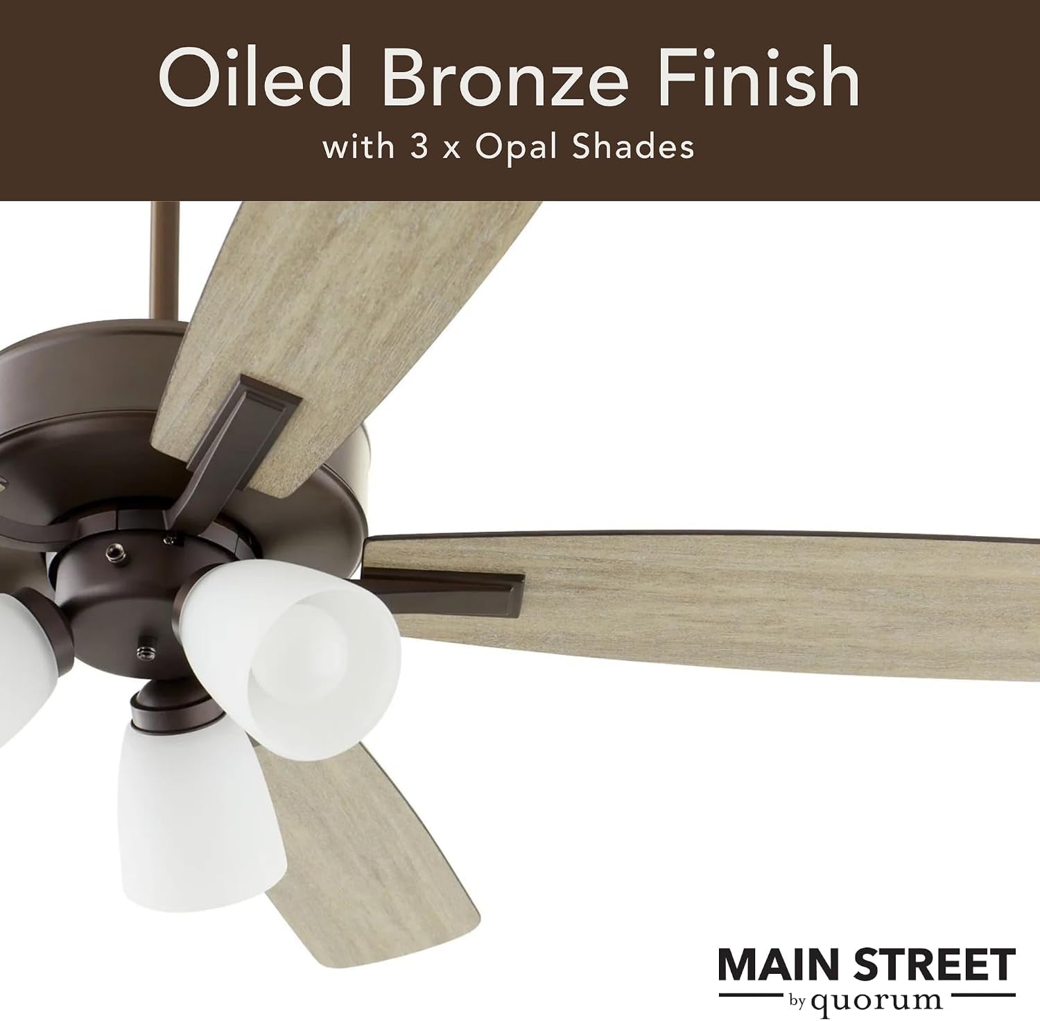 Quorum Ovation Ceiling Fan Collection | Pull Chain Control Standard | Optional Remote/Smart Control Compatible | Dry Rated Indoor (Oiled Bronze – Opal Glass, 3 Light)