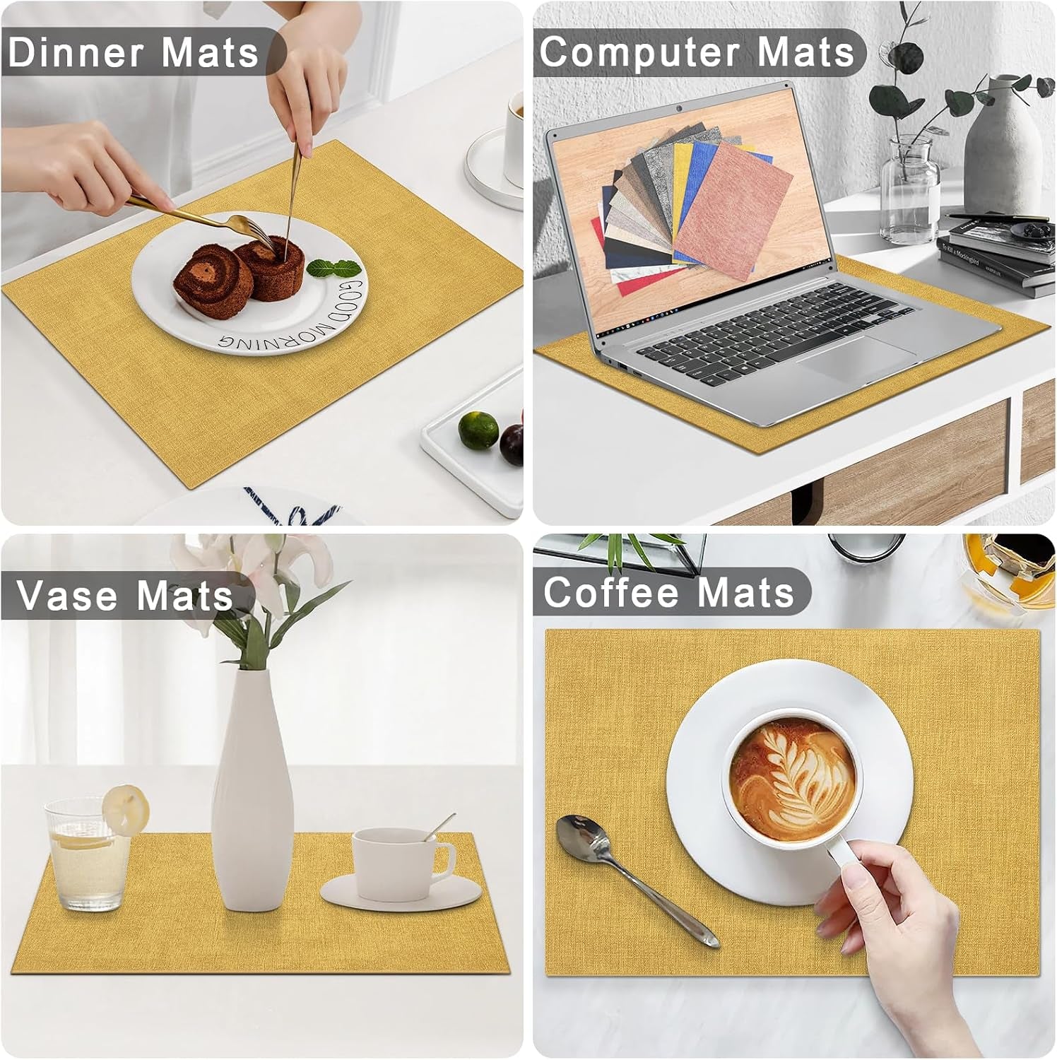 Faux Leather Heat Resistant Placemats for Dining Table Set of 4, Waterproof Wipeable Washable PU Table Mats, Easy to Clean Anti-Slip Place Mats, 11.8" X 17", Yellow