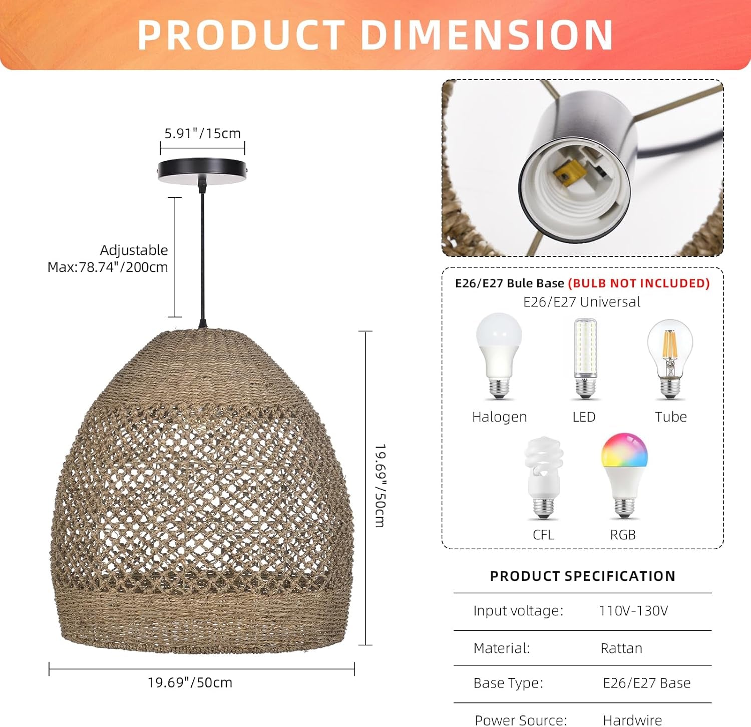 19.6" Retro Rattan Woven Pendant Light Fixture, Chandelier with Lamp Shade Light Cover, Hanging Lighting for Kitchen Dining Room Foyer