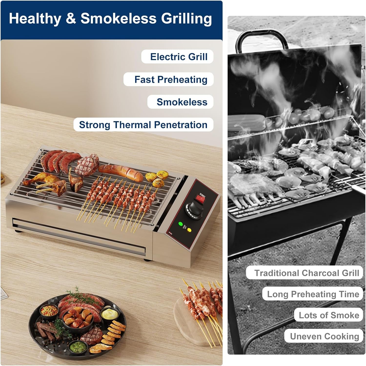 Electric Barbecue Grill, Smokeless Indoor Outdoor BBQ Grill, Portable Countertop Grill with Adjustable Temperature 122°F-572°F, Stainless Steel, 1800W, for Home Restaurant Party Camping