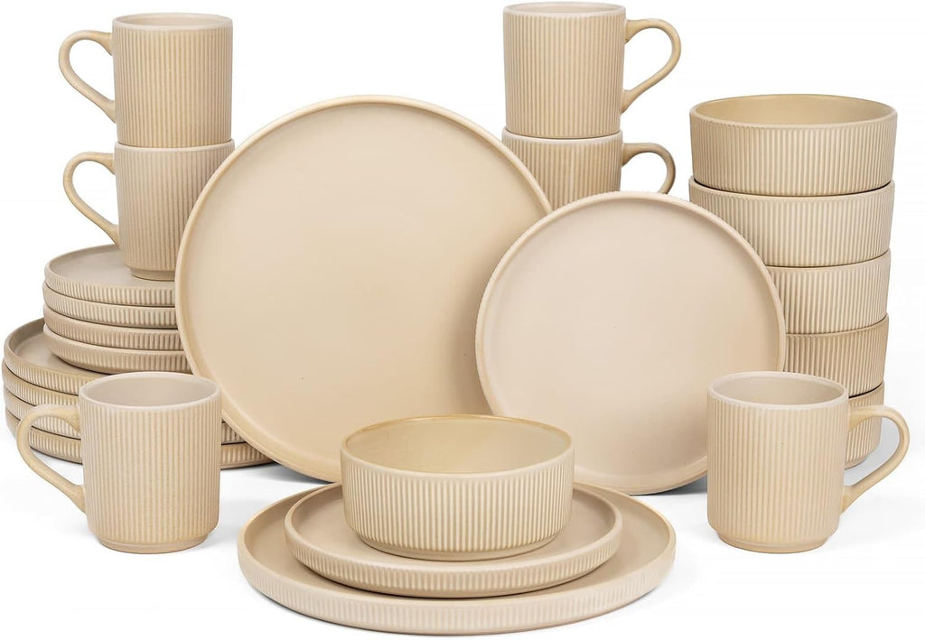 24-Piece Dinnerware Set for 6 with Mugs, Ribbed Stoneware Plates and Bowls Sets, Unique Handcrafted Reactive Glaze, Chip and Scratch Resistant Dish Set, Microwave & Dishwasher Safe, Yellow