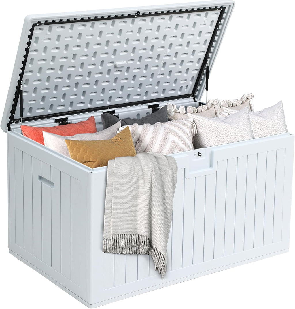 180 Gallon Resin Outdoor Storage Box, XXL Double-Wall Waterproof Deck Box, Doubles as Table or Seating with 1000 Lbs Capacity, Lockable (Grayish-White)