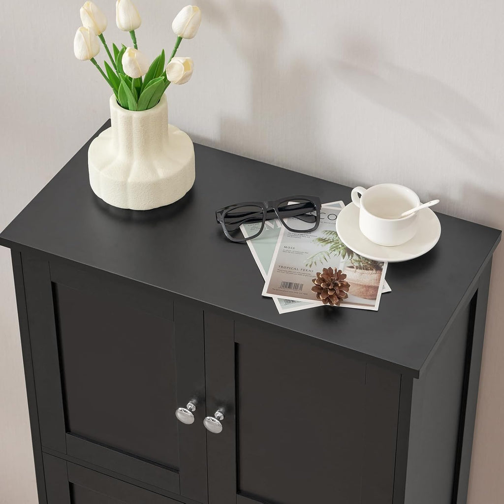 Storage Cabinet, Rattan Cabinets with 2 Adjustable Shelves & 4 Doors, Bathroom Cabinet, Cupboard, Floor Cabinets for Living Room, Entryway, Kitchen, Home Office, Black
