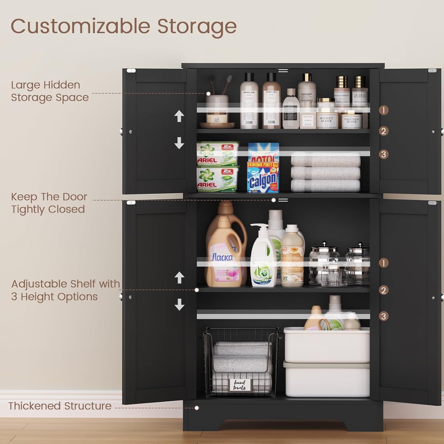 Storage Cabinet, Rattan Cabinets with 2 Adjustable Shelves & 4 Doors, Bathroom Cabinet, Cupboard, Floor Cabinets for Living Room, Entryway, Kitchen, Home Office, Black