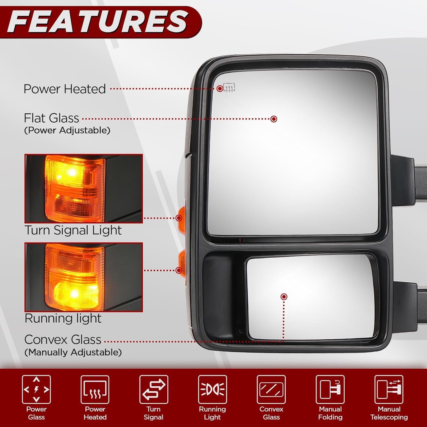 Power Heated Tow Mirrors Compatible with 2008-2016 Ford F250 F350 F450 F550 Super Duty, Power Glass Manual Telescoping Folding Towing Mirrors with Amber Signal Light