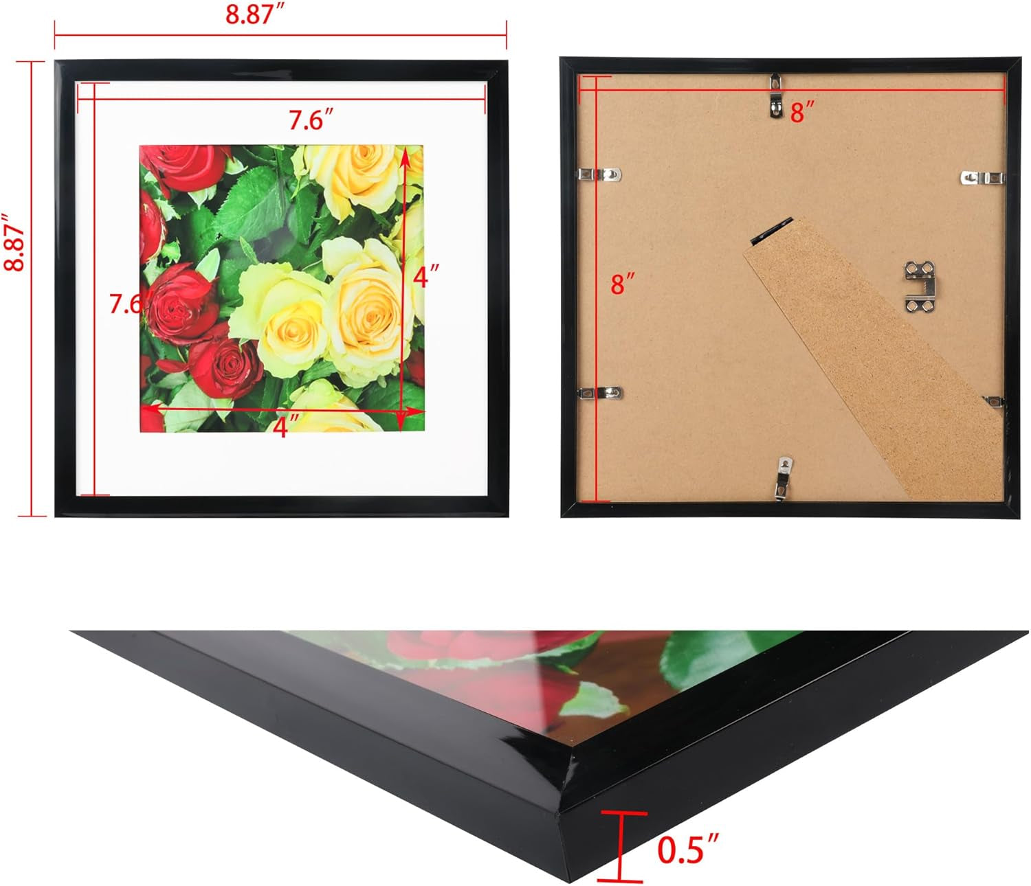 8X8 Picture Frame in Black, Display Pictures 4X4 or 8X8,Wall Certificate Poster Photo Frame, 1 Pack