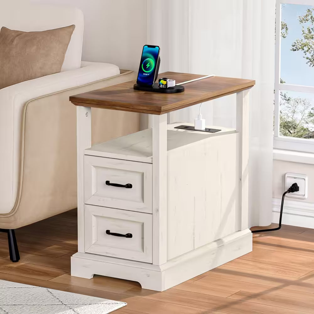 Farmhouse 13.78 In. Rustic White Rectangle Particle Board End Table with Outlets, 2 Drawers and Open Shelf