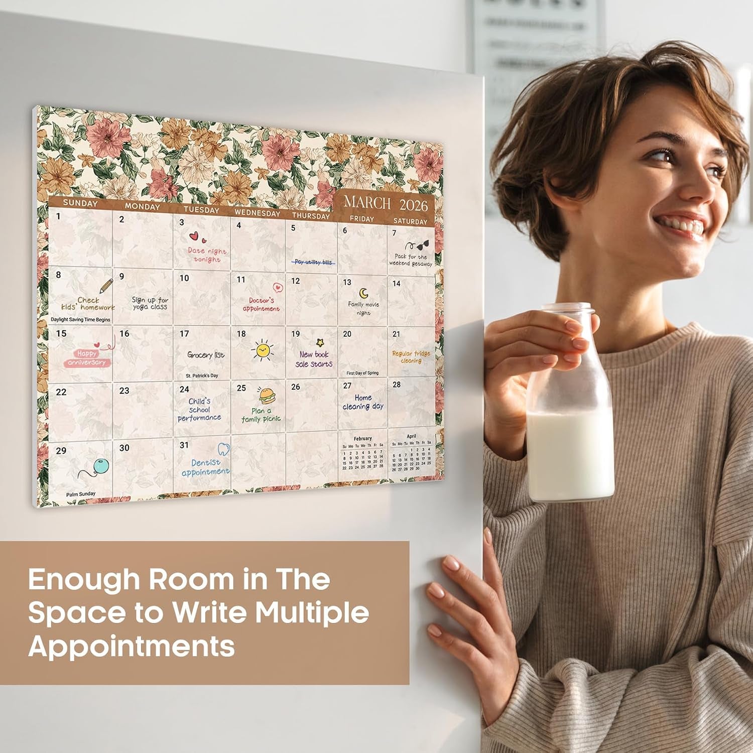 Aesthetic Magnetic Calendar for Refrigerator, 21-Month Fridge Calendar Magnet Runs until June 2027, Easy Organizing, Garden Repose