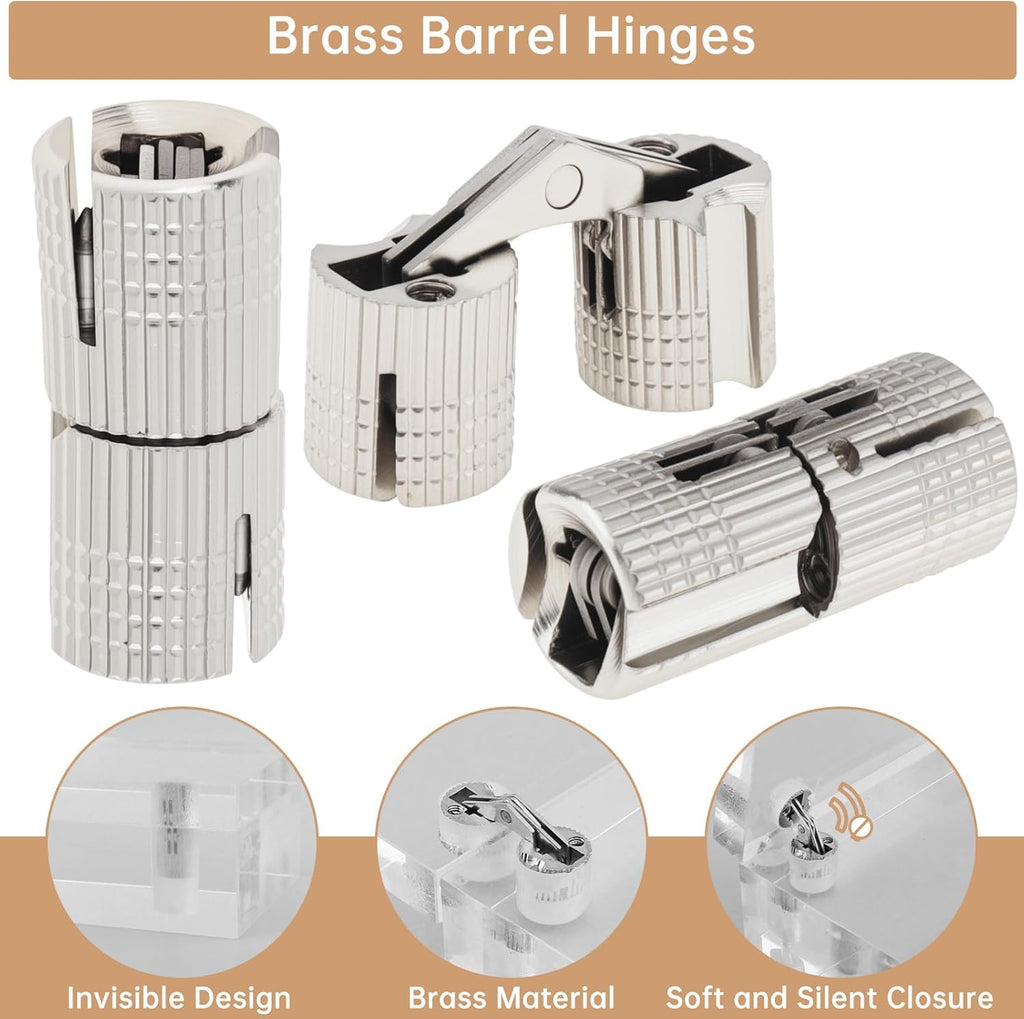 8Pcs 10 Mm Hidden Brass Barrel Hinges with 10 Mm Drill Bit, 180 Degree Opening Angle Concealed Furniture Small Hinges for Wooden Box Jewelry Ring Box DIY Hand Craft (8, Silver, 10Mm)