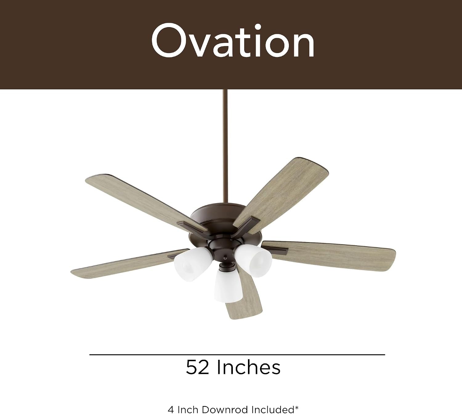 Quorum Ovation Ceiling Fan Collection | Pull Chain Control Standard | Optional Remote/Smart Control Compatible | Dry Rated Indoor (Oiled Bronze – Opal Glass, 3 Light)