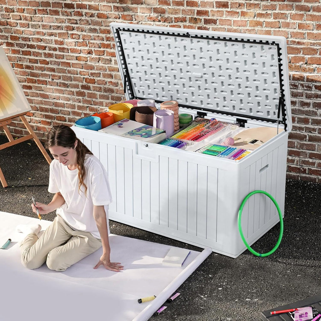 180 Gallon Resin Outdoor Storage Box, XXL Double-Wall Waterproof Deck Box, Doubles as Table or Seating with 1000 Lbs Capacity, Lockable (Grayish-White)