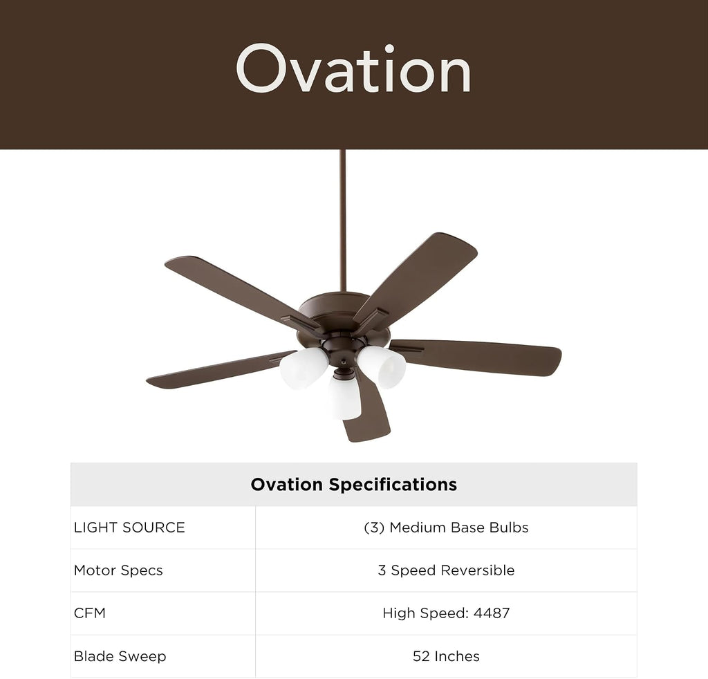 Quorum Ovation Ceiling Fan Collection | Pull Chain Control Standard | Optional Remote/Smart Control Compatible | Dry Rated Indoor (Oiled Bronze – Opal Glass, 3 Light)