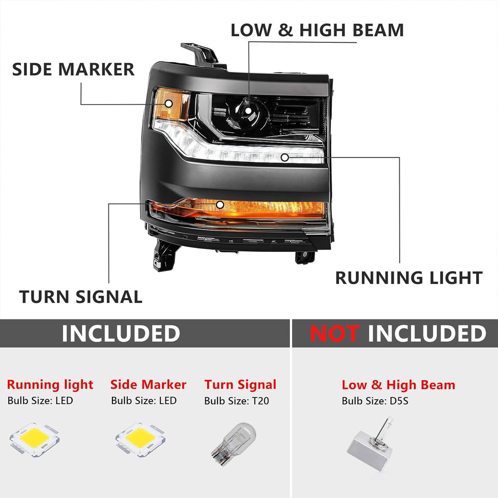 Xenon Headlight for Chevy Silverado 1500 2016-2018 [Only for HID Model] [Black] OE Head Lamp Replacement Passenger Side