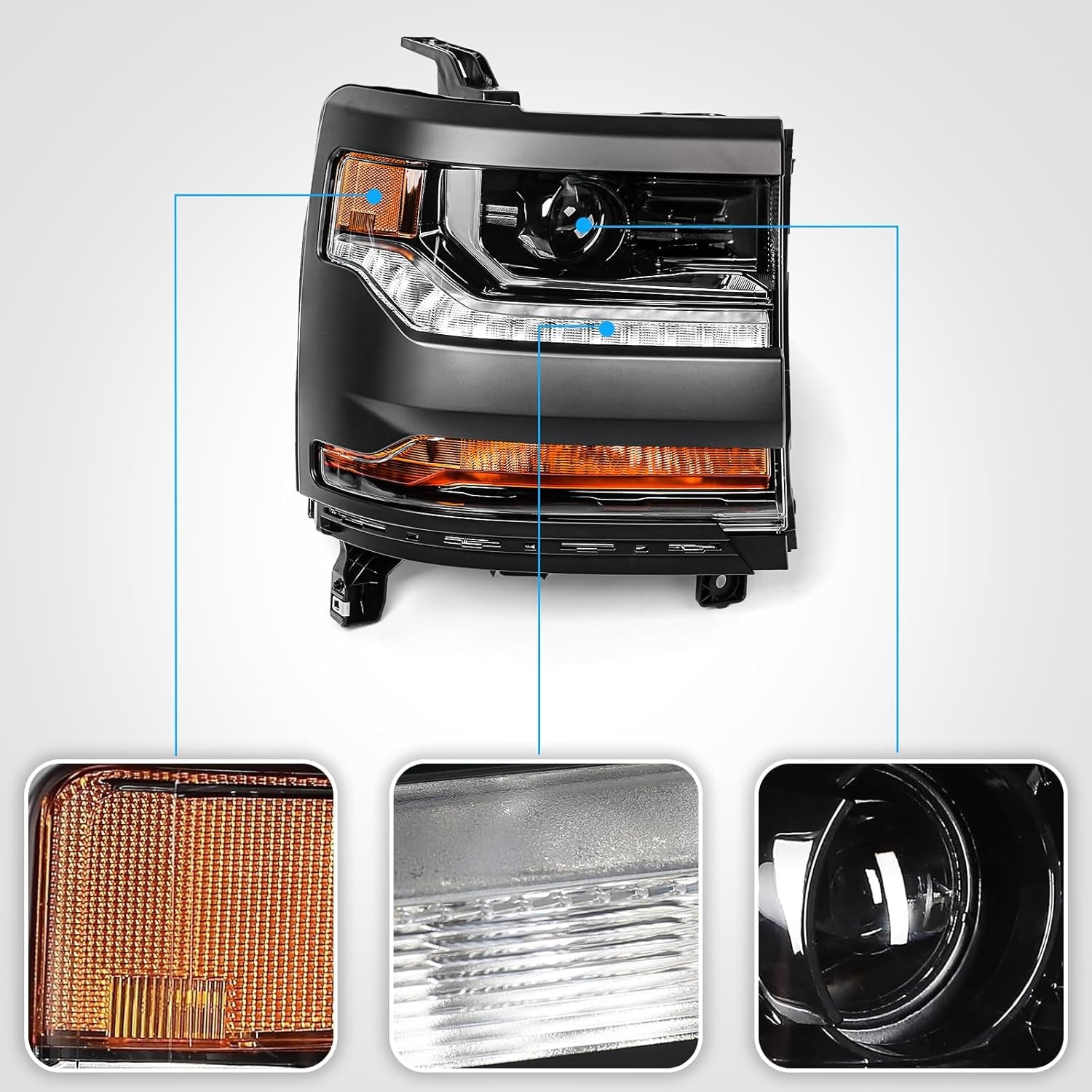 Xenon Headlight for Chevy Silverado 1500 2016-2018 [Only for HID Model] [Black] OE Head Lamp Replacement Passenger Side