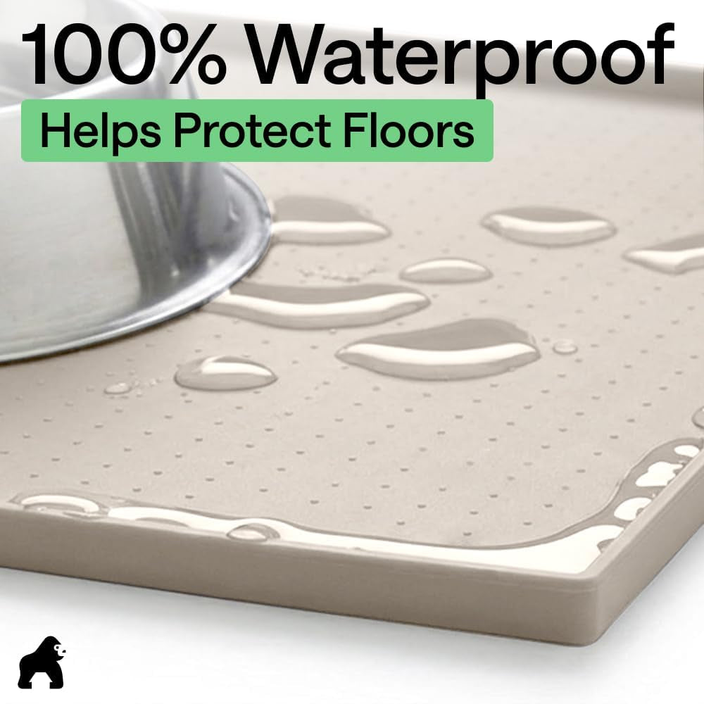 GORILLA GRIP 100% Waterproof Raised Edge BPA Free Silicone Pet Feeding Mat, Dog Cat Food Mats Contain Spills Protects Floors, Placemats for Cats and Dogs Water Bowl, Pets Accessories 18.5X11.5 Beige