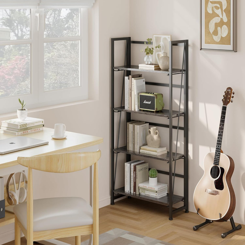 Vintage Multifunctional Folding Bookshelf, No-Assembly Plant Stand Storage Rack Shelves for Home Office (Gray, 4-Tier)