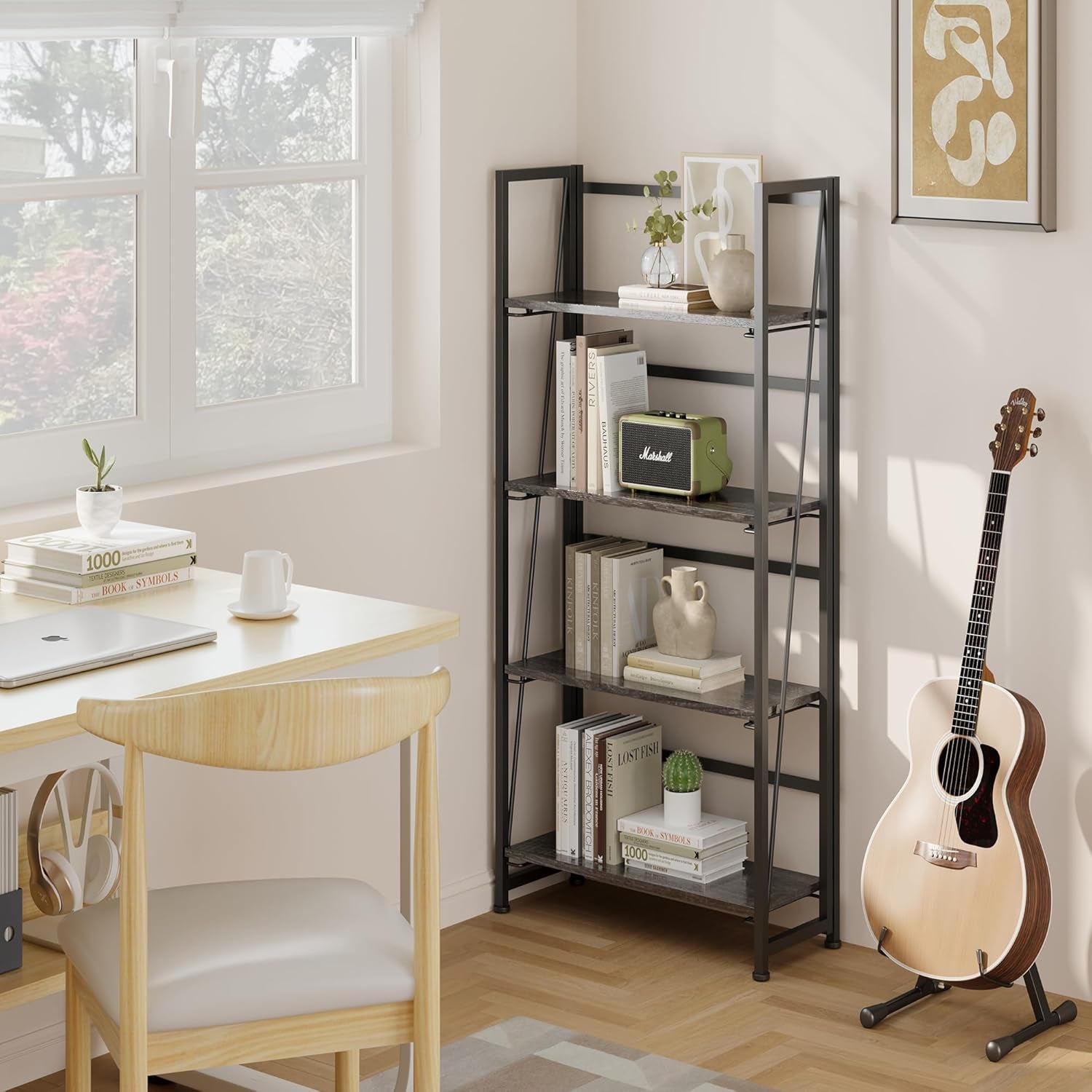 Vintage Multifunctional Folding Bookshelf, No-Assembly Plant Stand Storage Rack Shelves for Home Office (Gray, 4-Tier)