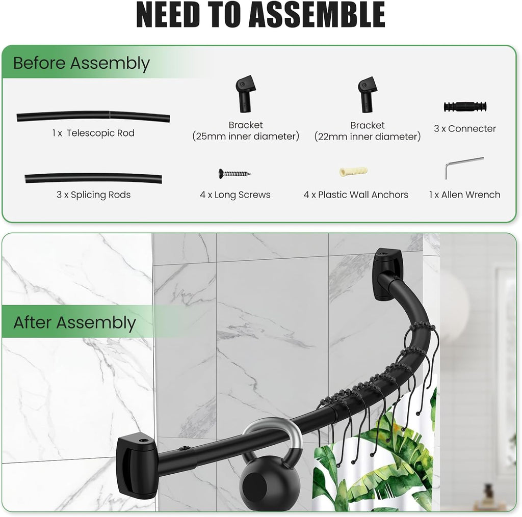 Black Curved Shower Curtain Rod,35-76 Inches Adjustable Length Curved Shower Rods round Shower Curtain Rod Rust Proof Stainless Steel Curved Shower Rods for Bathroom