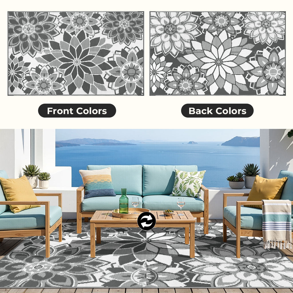 Outdoor Rug 8'X10' Reversible Waterproof Outdoor Patio Rug Mat Plastic Straw Rug Outdoor Area Rug Patio Camping Rug for RV Picnic Balcony Backyard Beach Outdoor Decor,Gray