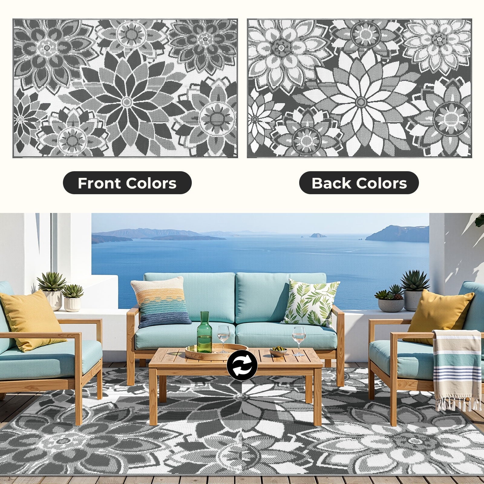 Outdoor Rug 8'X10' Reversible Waterproof Outdoor Patio Rug Mat Plastic Straw Rug Outdoor Area Rug Patio Camping Rug for RV Picnic Balcony Backyard Beach Outdoor Decor,Gray