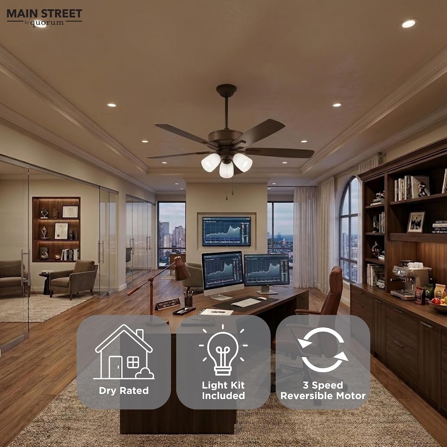 Quorum Ovation Ceiling Fan Collection | Pull Chain Control Standard | Optional Remote/Smart Control Compatible | Dry Rated Indoor (Oiled Bronze – Opal Glass, 3 Light)
