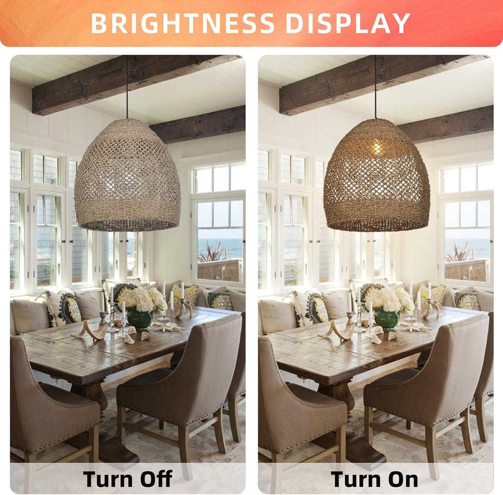 19.6" Retro Rattan Woven Pendant Light Fixture, Chandelier with Lamp Shade Light Cover, Hanging Lighting for Kitchen Dining Room Foyer