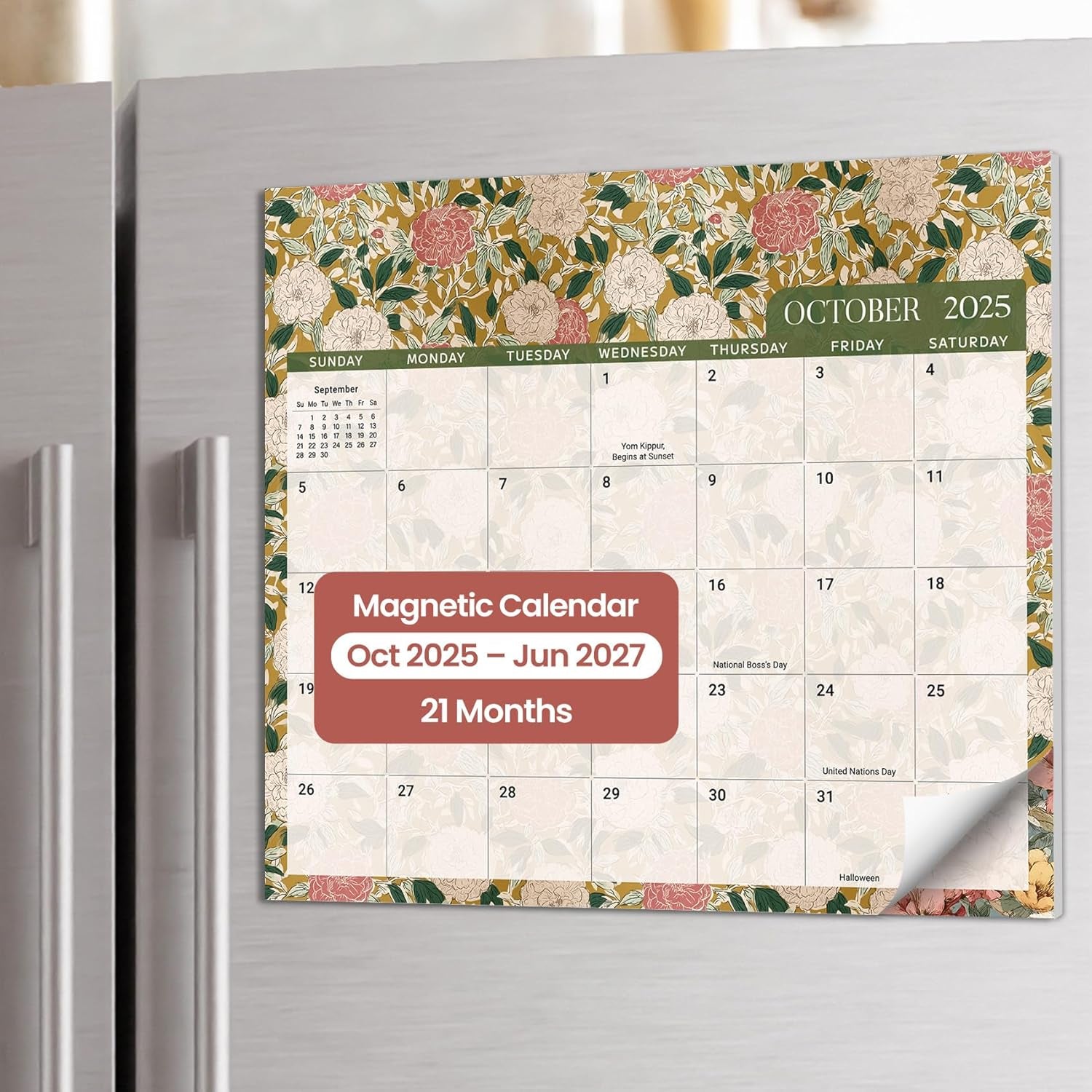 Aesthetic Magnetic Calendar for Refrigerator, 21-Month Fridge Calendar Magnet Runs until June 2027, Easy Organizing, Garden Repose
